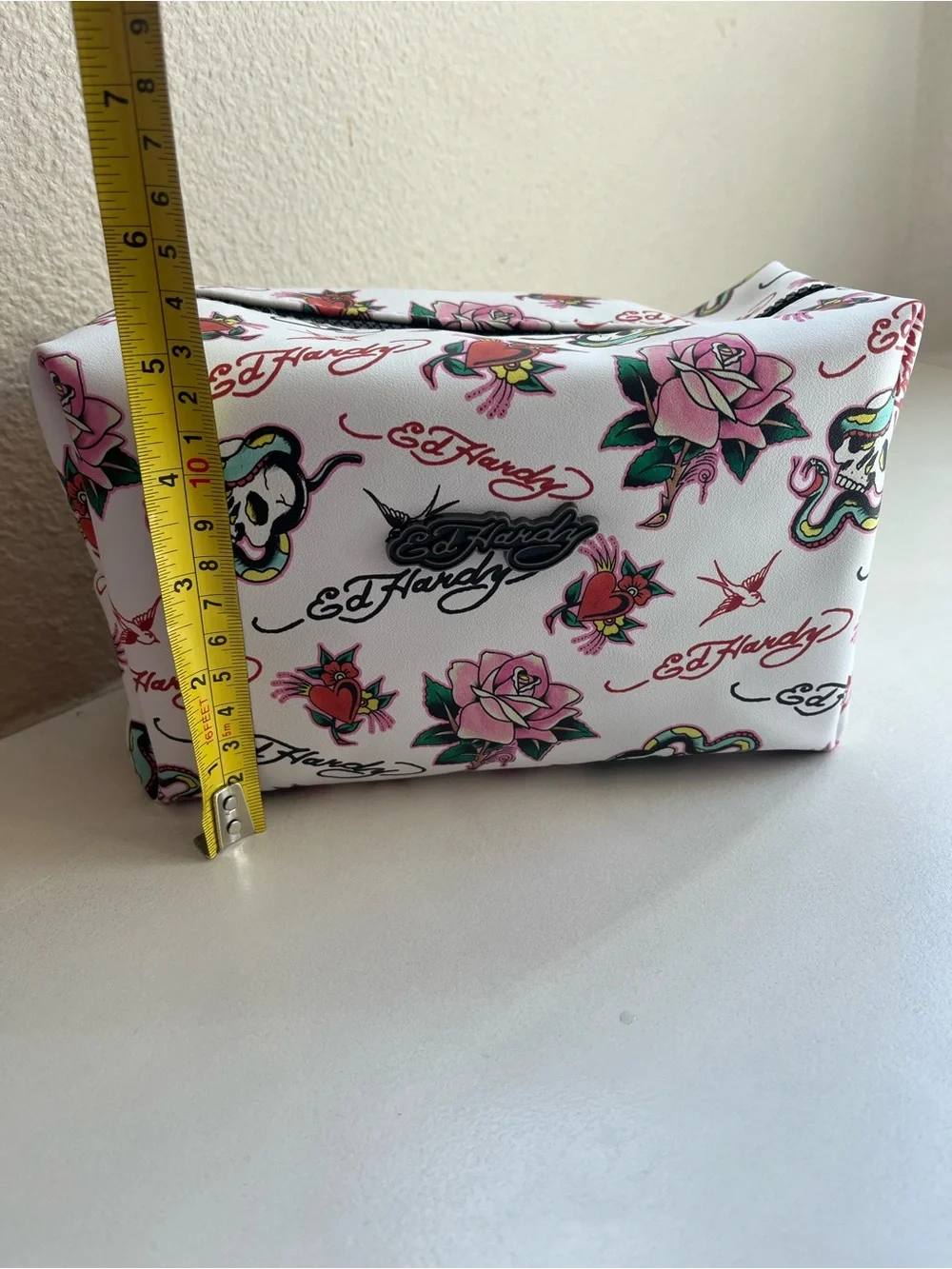 Ed Hardy White Floral & Tattoo-Print Makeup Cosmetic Pouch Tote Bag